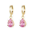 Macro view of gold teardrop earrings featuring pear-cut pink crystal in four-prong setting - Golden Pink (W80041-GG-4)