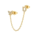 Detail view of gold butterfly and letter U studs connected by a zircon chain - U Style (W80099-GG-U)