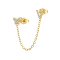 Close-up of gold-plated butterfly and V-letter ear cuff with pavé-set zircons and chain - V Style (W80099-GG-V)