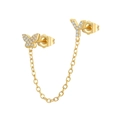 Macro detail of gold link earring featuring a zircon-studded butterfly and letter Y motif - Y Style (W80099-GG-Y)