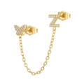 Detailed close-up of golden zircon butterfly and letter Z earring connected by fine chain - Z Style (W80099-GG-Z)