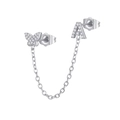 Close-up of butterfly and letter A earring set with zircon inlays and chain link - A Style (W80099-SS-A)