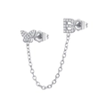 Close-up of zircon-encrusted butterfly and letter B ear stud with link chain in silver - B Style (W80099-SS-B)