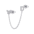 Macro detail of silver butterfly and letter D earring connected by a delicate chain - D Style (W80099-SS-D)