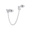 Detailed view of silver chain earrings with zircon butterfly and letter E studs - E Style (W80099-SS-E)