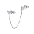 Close-up of zircon butterfly and letter F stud earring connected by a fine silver chain - F Style (W80099-SS-F)