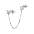 Detailed view of silver chain stud earrings with zircon butterfly and letter G charm - G Style (W80099-SS-G)