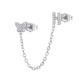 Close-up of zircon butterfly and letter H stud earrings connected by a fine silver chain - H Style (W80099-SS-H)