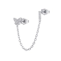 Close-up of zircon butterfly ear stud with a chain link connector in polished silver - I Style (W80099-SS-I)