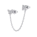 Close-up of silver butterfly and letter K stud earrings with zircon stones and chain - K Style (W80099-SS-K)