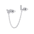 Detailed view of silver zircon butterfly and letter L studs connected by a fine link chain - L Style (W80099-SS-L)