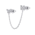 Detailed macro view of zircon butterfly and letter M stud earring with thin chain - M Style (W80099-SS-M)
