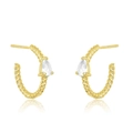 Détail de boucles d'oreilles torsadées dorées avec zircon clair en forme de poire - 24K / Style Gemme Transparente Dorée (W80180-GG-1)