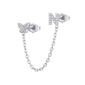 Macro detail of silver butterfly and letter N stud earrings with zircon linked by chain - N Style (W80099-SS-N)