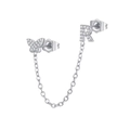 Macro detail of silver link earring with zircon butterfly, letter R and fine chain - R Style (W80099-SS-R)
