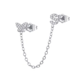 Macro detail of silver S925 link earrings with cubic zirconia butterfly and letter S charm - S Style (W80099-SS-S)