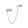 Close-up of zircon paved butterfly and letter T double ear piercing chain earring - T Style (W80099-SS-T)