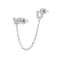Detail of silver chain earring with zircon butterfly and letter U for double piercings - U Style (W80099-SS-U)