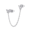 Detailed view of silver zircon butterfly and letter V linked stud earrings with chain - V Style (W80099-SS-V)