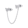 Close-up of zircon butterfly and letter W linked stud earrings in polished silver finish - W Style (W80099-SS-W)