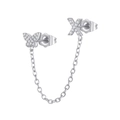 Macro detail of silver tone zircon butterfly and letter X chain earring on white background - X Style (W80099-SS-X)