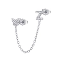 Detailed view of silver zircon butterfly and letter Z earring set with linked chain - Z Style (W80099-SS-Z)