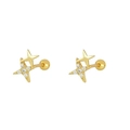 Detail view of golden star earrings featuring micro-pave cubic zirconia and screw-back closure - Double Star Screw-back Studs (JQH0260) / Gold