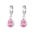 Chic silver huggie hoop earrings featuring a pear-shaped pink teardrop gemstone - Silver Pink (W80041-SS-4)