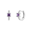 Detailed macro view of silver hoop earrings with square purple zircon and white crystal accents - 24K / Silver Purple (W80209-SS-6)