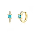 Luxurious gold hoop earrings featuring a square sky blue zircon and small white diamonds - 24K / Gold Sky Blue (W80209-GG-2)