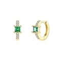 Close-up of gold hoop earrings with square green zircon and white crystal accents - 24K / Gold Green (W80209-GG-4)