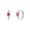 Silver hoop earrings featuring square-cut fuchsia zircon and pavé crystal accents - 24K / Silver Rose Red (W80209-SS-3)