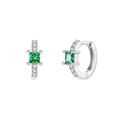 Silver hoop earrings with square emerald-green zircon and sparkling pavé accents - 24K / Silver Green (W80209-SS-4)