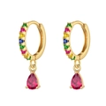 Luxurious gold drop earrings with multicolored zircons and a pear-cut rose red gemstone - Gold Multicolor Stone