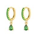 Luxurious gold hoop earrings with small green stones and a pear-shaped emerald drop - Gold Green Stone