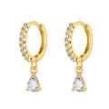 Macro shot of gold hoop earrings featuring teardrop zircon pendants and micro-paved gems - Gold White Stone