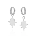 Macro view of detachable silver huggie earrings with polished diamond-shaped zircon charms - 24K / Detachable Rhombus Pendant Silver Earrings (W80198-SS)