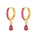 Golden earrings with rose red stones featuring a hoop and a teardrop pendant - Gold Fuchsia Stone