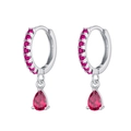 Silver drop earrings with pear-cut rose red zircon crystals on a silver hoop - Silver Fuchsia Stone