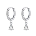 Silver hoop earrings with sparkling pear-cut zircon pendants on white background - Silver White Stone