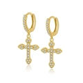 Boucles d'oreilles créoles croix plaquées or avec zircons sertis pour femme - Style Pendentif Croix Doré (W80289-GG)