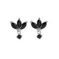 Boucles d'oreilles élégantes en argent avec zircons noirs en forme de feuilles florales - 24K / Argent - Zirconia Noir
