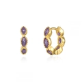 Detailed macro of gold huggie earrings with marquise purple zircons and wavy design - 24K / Gold Purple Marquise Gemstone Huggie Earring (W80336-GG-6)