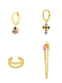 Golden earrings set featuring colorful zircon stones and long chain tassel charms - 24K / Golden Style (JQH0114-0240-5-0287-1-0373-GG-4PCS)