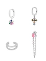 Silver earring set featuring colorful zircon flower, cross charms and pink heart tassels - 24K / Silver Style (JQH0114-0240-5-0287-1-0373-SS-4PCS)