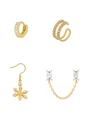 Luxuriöses vergoldetes Ohrklemmen-Set mit Schneeflocken, Strass und Ketten - Vierteilige Ohrring Kollektion / Gold