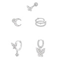 Luxury butterfly zirconia earring set with silver studs and pearl drop pendants - Silver Jewelry Set / Silver