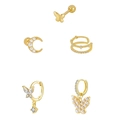 5pcs butterfly zircon earring set featuring gold plated cuffs, studs and pearl charms - Gold Set / Gold