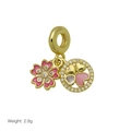 Detail view of 18K gold plated flower and heart charm with pink enamel and zircons - Pink Flower Clover Theme Pendant (DB251210-C)