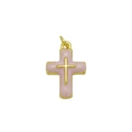 Detailed close-up of double-layered cross pendant with pink enamel in 18K gold plating - Light Pink Pendant